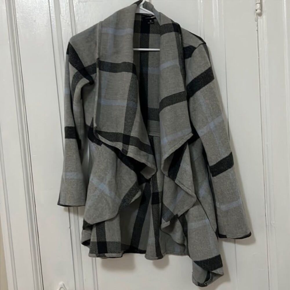 Grey with light blue and black coat style cardigan